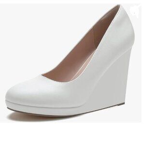 miss left White Rounded Closed Toe High Heel Pumps Slip On Wedges Heeled Shoes